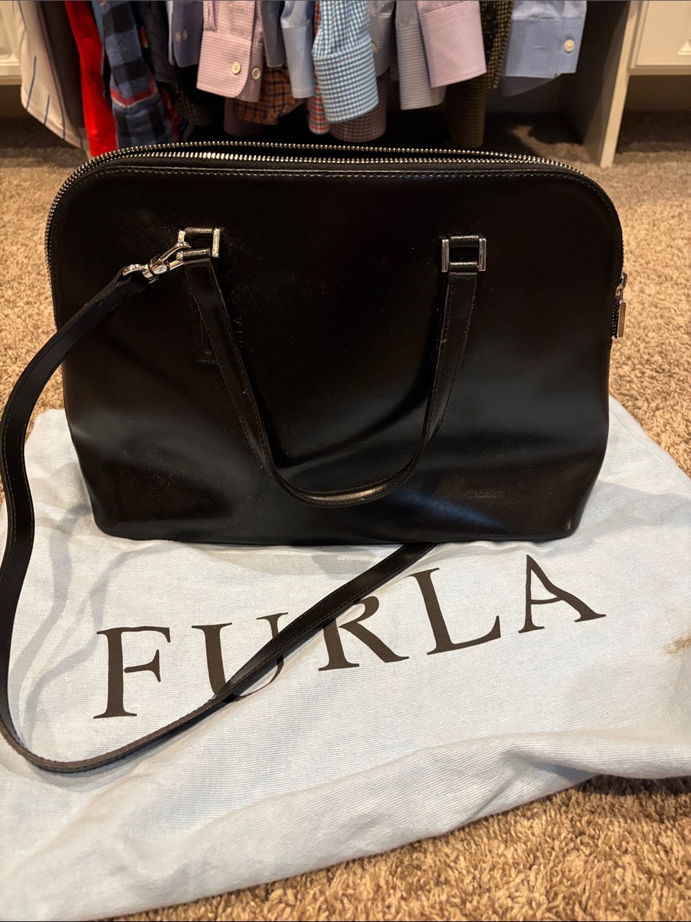 Furla Black Leather Satchel with Removable Strap